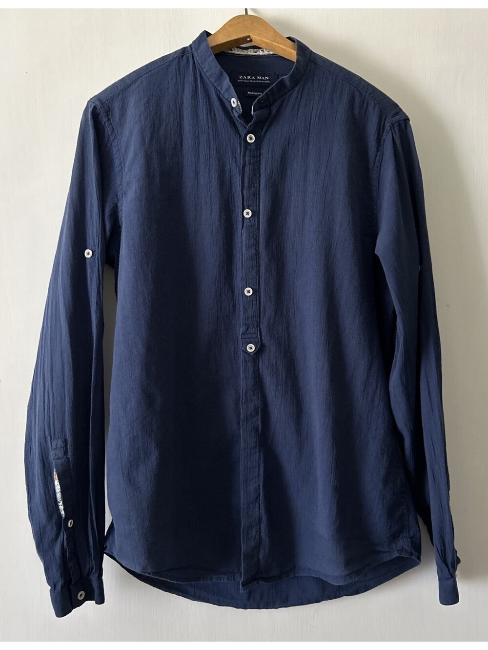 Zara Man Mandarin Collar Long Sleeve Button Down Chambray Dark Blue Size Medium